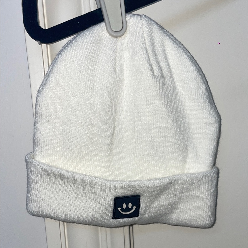 White Kids Beanie with Smiley Patch